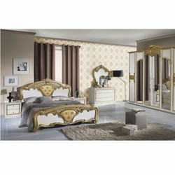 Prunkvolles Luxus Barock Doppelbett mit Glitzersteinen Weiß Gold
