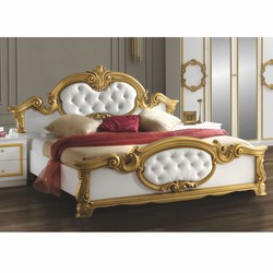Prunkvolles Luxus Barock Doppelbett mit Glitzersteinen Weiß Gold