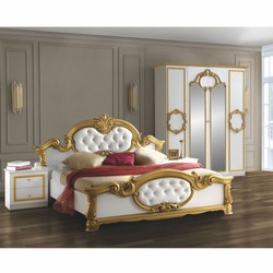 Prunkvolles Luxus Barock Doppelbett mit Glitzersteinen Weiß Gold