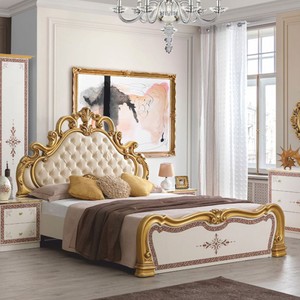 Prunkvolles Luxus Barock Doppelbett Creme Weiß Braun Gold