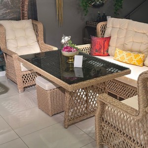 Luxus Garten Terrassen Tisch Esstisch mit Glasplatte Naturfarben Grau