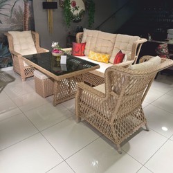 Luxus Garten Terrassen Tisch Esstisch mit Glasplatte Naturfarben Grau