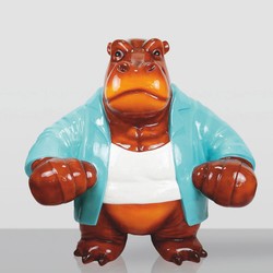 XXL Garten Deko Skulptur Figur Nilpferd Braun Hellblau Weiß