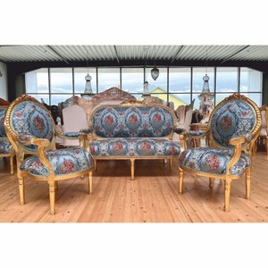 Casa Padrino Barock 2er Sofa Hellblau / Bunt / Gold 150 cm - Barock Möbel