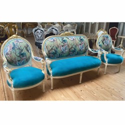 Casa Padrino Baroque Medallion Salon Chair Blue / Colorful / White / Gold H. 100 cm - Baroque Furniture