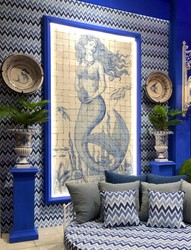 Casa Padrino peinture murale baroque de luxe sirène crème / bleu H. 280 cm - Décoration murale baroque