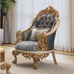 Prunkvoller Luxus Barock Wohnzimmer Sessel Blau Weiß Gold