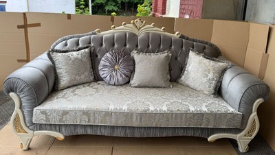 Casa Padrino Luxury Baroque Sofa in Grey, Cream and Gold, 225 cm - Magnificent Baroque Furniture