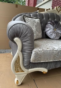 Casa Padrino Luxus Barock Sofa in Grau, Creme und Gold, 225 cm - Prunkvolles Barock Möbelstück