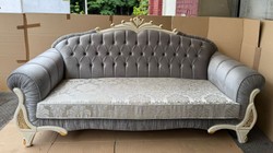 Casa Padrino Canapé Baroque de Luxe Gris, Crème et Or, 225 cm - Meuble Baroque Majestueux