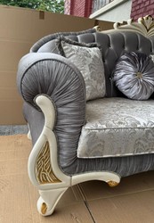Casa Padrino Canapé Baroque de Luxe Gris, Crème et Or, 225 cm - Meuble Baroque Majestueux