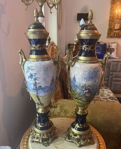 Casa Padrino Set di Vasi Decorativi Barocchi in Ceramica Blu, Multicolore e Ottone - 20 x 65 cm - Interni di Lusso