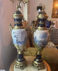 Casa Padrino Baroque Decorative Ceramic Vase Set in Blue, Multicolor and Brass - 20 x 65 cm - Luxury Interior