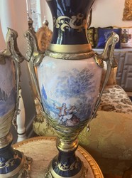 Casa Padrino Baroque Decorative Ceramic Vase Set in Blue, Multicolor and Brass - 20 x 65 cm - Luxury Interior
