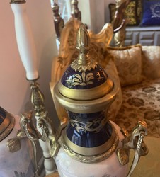 Casa Padrino Baroque Decorative Ceramic Vase Set in Blue, Multicolor and Brass - 20 x 65 cm - Luxury Interior