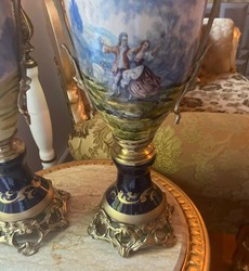 Casa Padrino Baroque Decorative Ceramic Vase Set in Blue, Multicolor and Brass - 20 x 65 cm - Luxury Interior