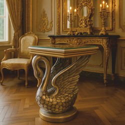 Prunkvoller Barock Beistelltisch Schwan mit Glasplatte Silber Gold