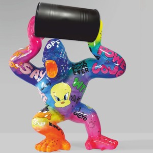 Casa Padrino XXL decorative sculpture gorilla with barrel colorful / black H. 250 cm - XXL garden figure