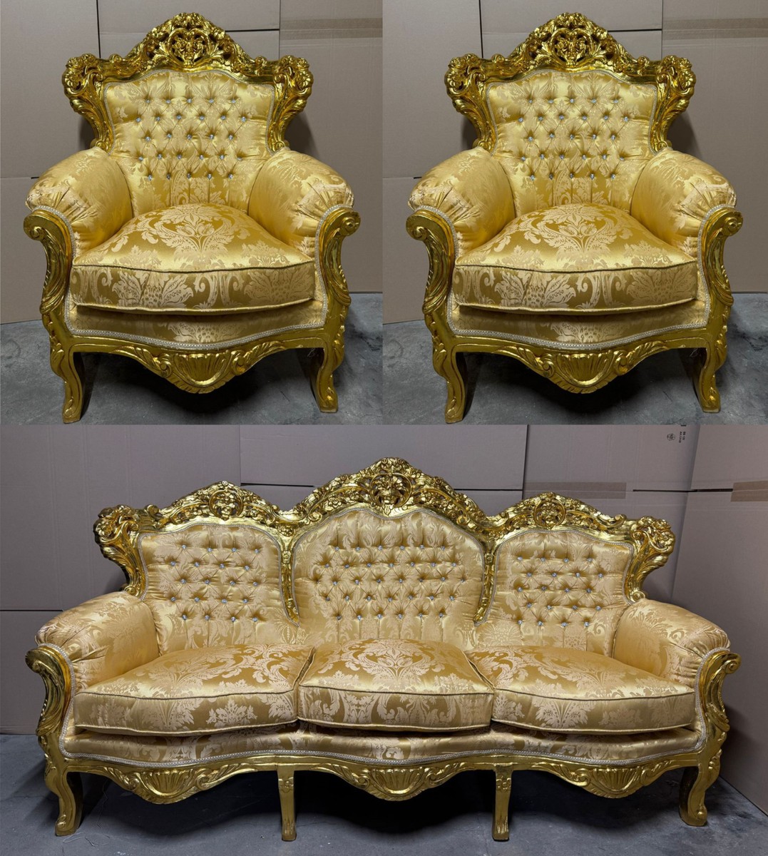Casa Padrino Barock Wohnzimmer Set Gold - 1 Sofa & 2 Sessel - Barock Möbel Casa Padrino Barock Wohnzimmer Set Gold - 1 Sofa & 2 Sessel - Barock Möbel