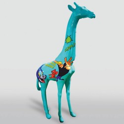 XXL Garten Terrassen Deko Skulptur Figur Giraffe Türkis Bunt