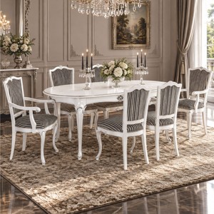 Casa Padrino conjunto de comedor barroco de lujo blanco / plata - 1 Mesa y 6 Sillas - Hecho en Italia Casa Padrino conjunto de comedor barroco de lujo blanco / plata - 1 Mesa y 6 Sillas - Hecho en Italia