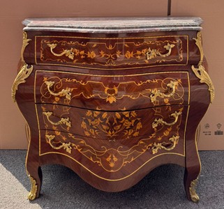 Casa Padrino Baroque Chest of Drawers with 4 Drawers and Marble Top Brown Inlays Gold Grey 100 cm