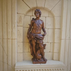 Casa Padrino scultura Art Nouveau del giardino uomo con fiocco e cane marrone A. 142 cm