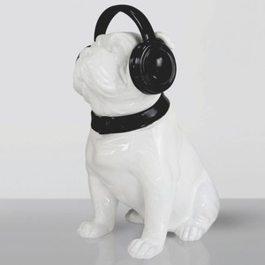 Casa Padrino decorative sculpture dog bulldog with headphones white / black H. 120 cm Casa Padrino decorative sculpture dog bulldog with headphones white / black H. 120 cm