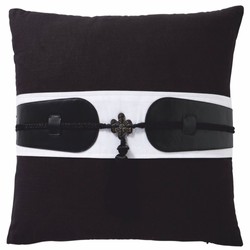 Casa Padrino cuscino decorativo di lusso in cotone con applicazioni in pelle nero / bianco 50 x 50 cm