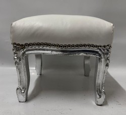 Casa Padrino Baroque Faux Leather Footstool in White and Antique Silver, 35 x 35 x 33 cm