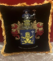 Casa Padrino Cuscino Decorativo di Lusso Stemma Freiherr Schertel von Burtenbach, Nero / Oro, 50 x 50 cm