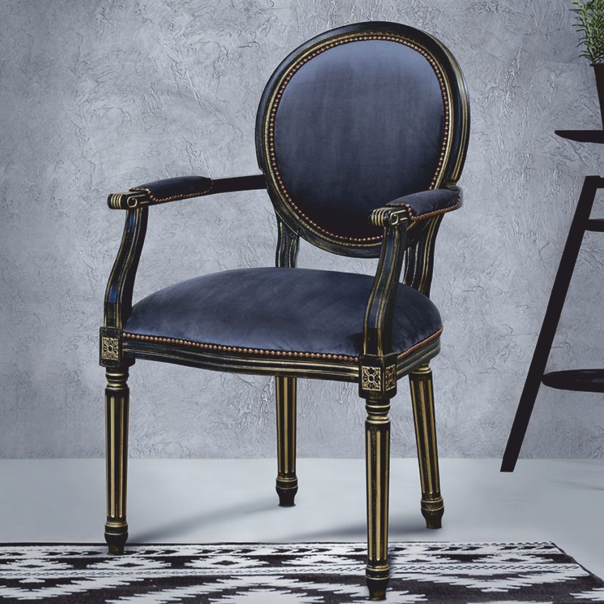 Casa Padrino silla de comedor barroco de lujo con reposabrazos azul / negro / oro - Muebles de estilo barroco Casa Padrino silla de comedor barroco de lujo con reposabrazos azul / negro / oro - Muebles de estilo barroco