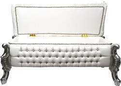 Casa Padrino Baroque Faux Leather Bench / Chest with Rhinestones in White / Silver 105 cm Casa Padrino Baroque Faux Leather Bench / Chest with Rhinestones in White / Silver 105 cm