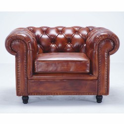 Casa Padrino fauteuil Chesterfield de luxe en cuir marron vintage / noir 130 cm - Meuble en cuir véritable