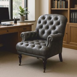 Luxus Chesterfield Leder Echtleder Sessel Grau Dunkelbraun Messing