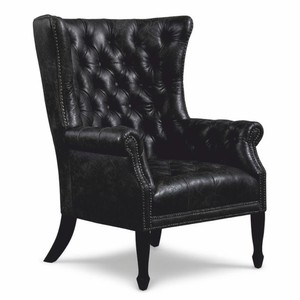 Casa Padrino fauteuil à oreilles Chesterfield de luxe en cuir véritable noir vintage / noir