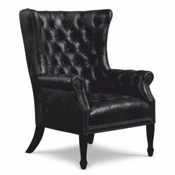 Casa Padrino fauteuil à oreilles Chesterfield de luxe en cuir véritable noir vintage / noir