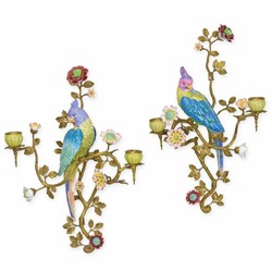 Jugendstil Wandkerzenhalter Set Papageien Bunt Messing