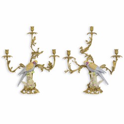 Jugendstil Kerzenhalter Set Papageien Messing Bunt