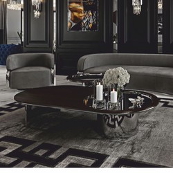 Ovaler Luxus Couchtisch Wohnzimmertisch mit Glasplatte Dunkelbraun Silber Ovaler Luxus Couchtisch Wohnzimmertisch mit Glasplatte Dunkelbraun Silber