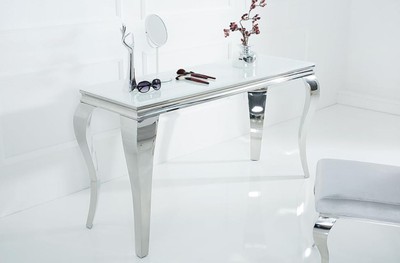 Casa Padrino Barock Edelstahl Konsole mit Glasplatte Silber 140 x 50 x 75 cm - Luxuriöser Konsolentisch