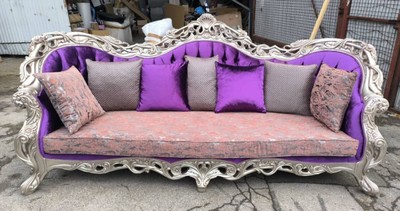 Casa Padrino Luxus Barock Sofa mit Kissen Lila / Silber 270 cm - Barock Möbel
