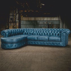 Casa Padrino divano angolare Chesterfield di lusso in pelle blu vintage 293 cm - Mobili in vera pelle Casa Padrino divano angolare Chesterfield di lusso in pelle blu vintage 293 cm - Mobili in vera pelle