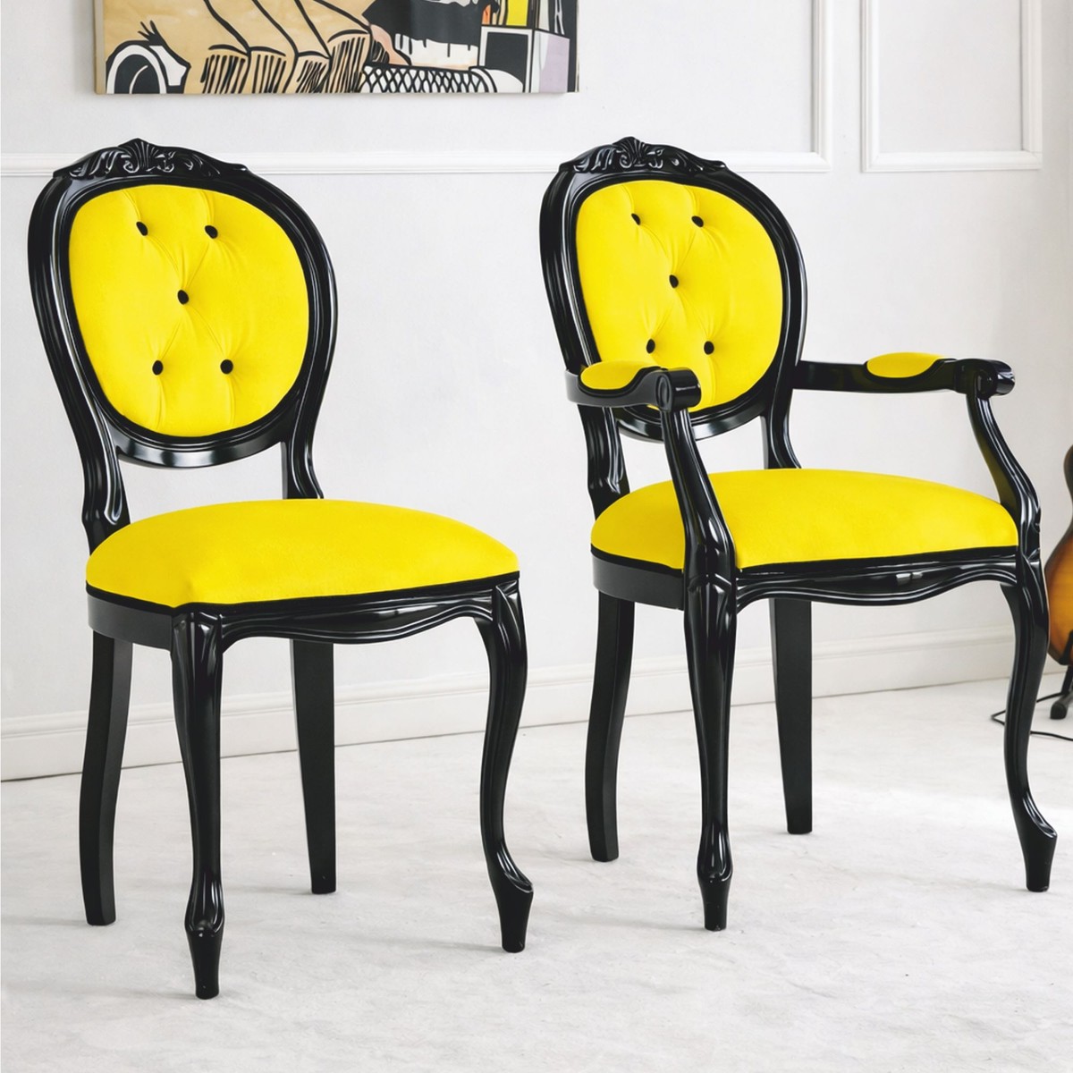 Casa Padrino Luxury Baroque Dining Chair with Armrests Yellow / Black H. 100 cm - Made in Italy Casa Padrino Luxury Baroque Dining Chair with Armrests Yellow / Black H. 100 cm - Made in Italy