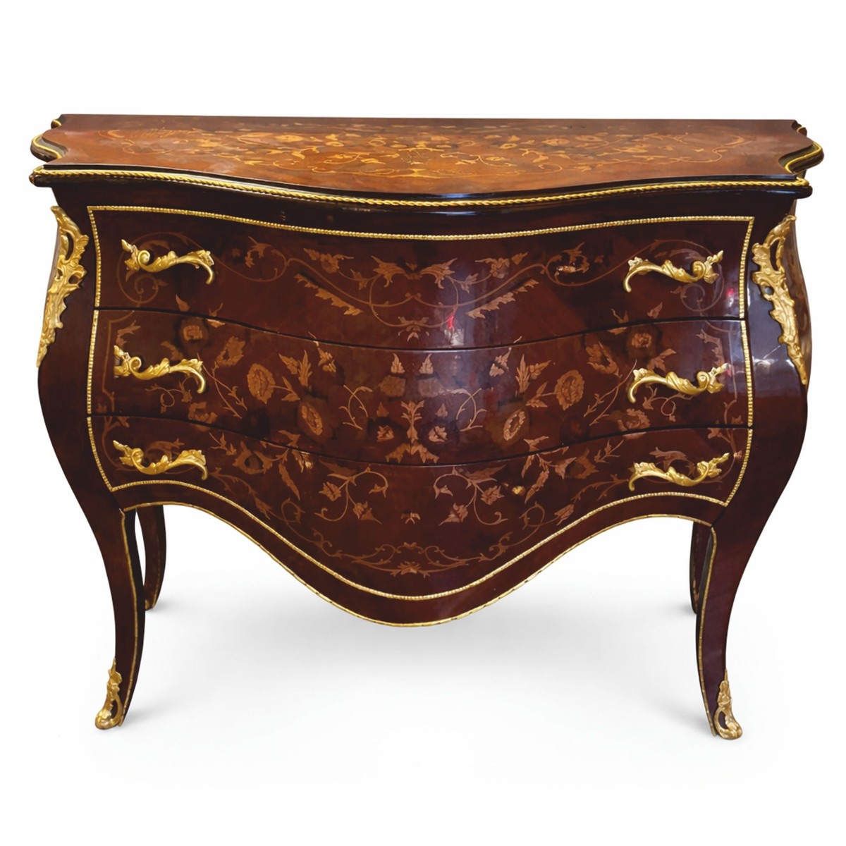 Casa Padrino Baroque Chest of Drawers with 3 Drawers Brown Inlay / Gold 125 cm Casa Padrino Baroque Chest of Drawers with 3 Drawers Brown Inlay / Gold 125 cm
