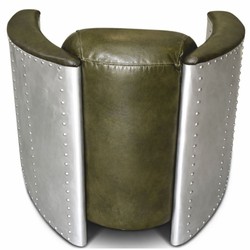 Luxus Art Deco Leder Echtleder Aluminium Flugzeug Flieger Sessel Vintage Grün Silber