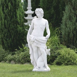 Casa Padrino scultura Art Nouveau del giardino uomo con fiocco e cane bianco A. 142 cm