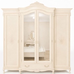 Verspiegelter Luxus Barock Schlafzimmerschrank mit 4 Türen und Schublade Creme