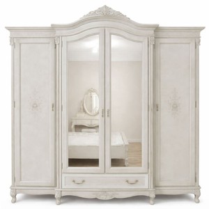Verspiegelter Luxus Barock Schlafzimmerschrank mit 4 Türen und Schublade Hellgrau