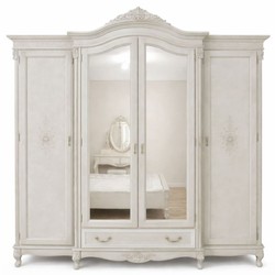 Verspiegelter Luxus Barock Schlafzimmerschrank mit 4 Türen und Schublade Hellgrau